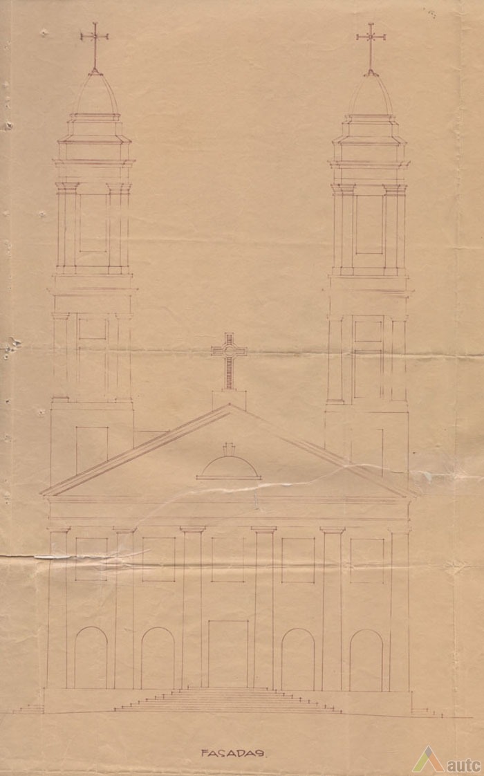Bažnyčios fasado brėžinys. K. Reisonas, 1933 m. KAA. F. 17. Ap.1, b. 49, l. 18