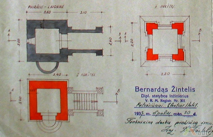Mūrinės varpinės planai. Bernardas Žintelis, 1937 m. LCVA. F. 1622. Ap. 4, b. 729, l. 68