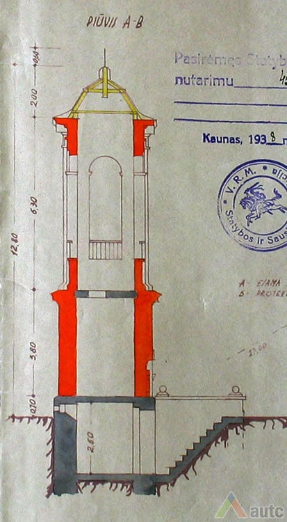 Mūrinės varpinės pjūvis. Bernardas Žintelis, 1937 m. LCVA. F. 1622. Ap. 4, b. 729, l. 68
