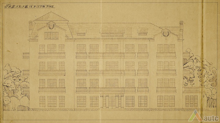 Raudonojo Kryžiaus sanatorijos pietinio fasado brėž. LCVA f. 1622 ap. 4 b. 1297