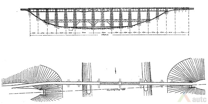 Vokiečių statyto medinio geležinkelio tilto per Nemuną Alytuje schema. Iš Alytaus viešosios bibliotekos fondų
