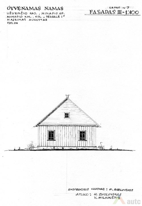 Gyvenamojo namo galinis fasadas. 1951 m. pieš., KTU ASI archyvas, 870