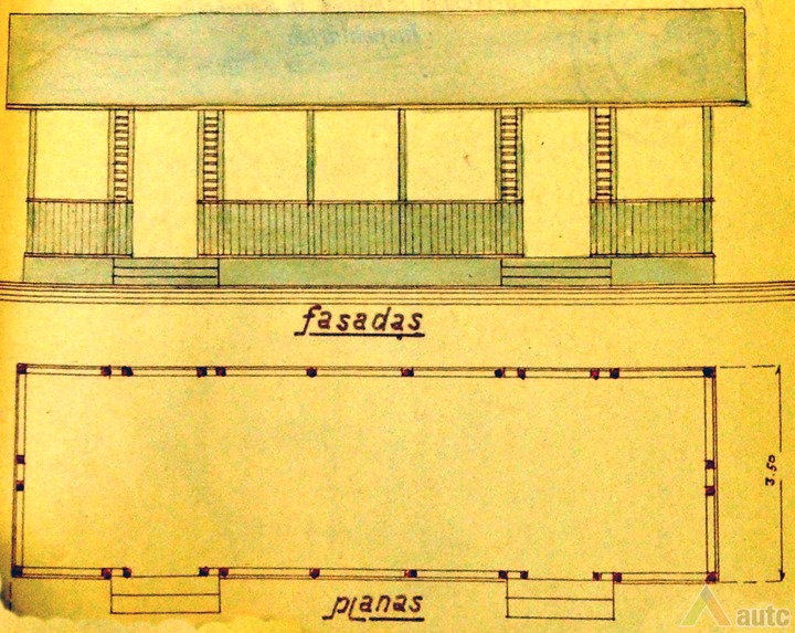 R. Polovinsko prie kavinės 'Vita' verandos pristatymo projektas. Fasadas ir planas. Inž. A. Varnas, 1938 m. KAA 17.1.76.