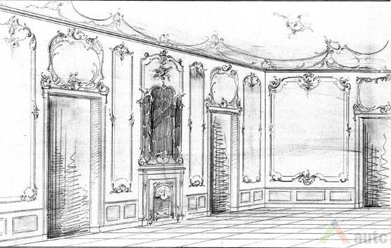 Tiškevičių dvaro interjero piešinys. Iš PGM virtualios parodos "Tiškevičių rūmų Palangoje statybos projektas. Vokiečių architekto Franco Heinricho Švechteno (1841–1924) archyvas"