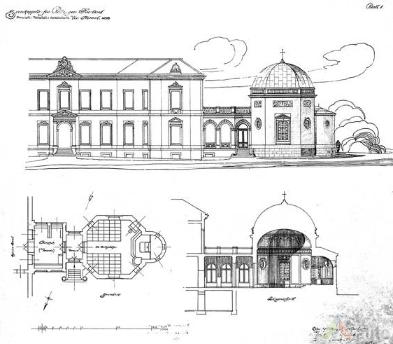Tiškevičių dvaro koplyčios projektas. Iš PGM virtualios parodos "Tiškevičių rūmų Palangoje statybos projektas. Vokiečių architekto Franco Heinricho Švechteno (1841–1924) archyvas"