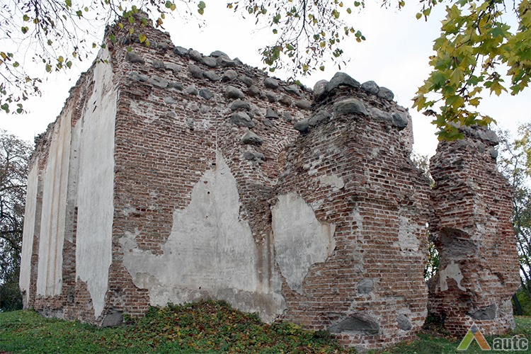 Šiaurės Vakarų  pusė, matosi bokšto pagrindas ir sienos, išlikusios beveik iki karnizo. G. Miltenio nuotr., 2011 m. 