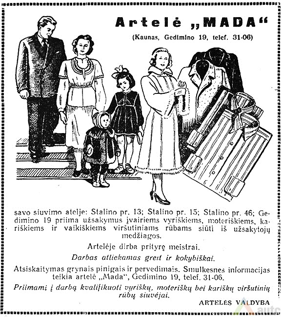 Fabriko „Mada“ reklama. Iš laikraščio: „Kauno tiesa“, 1953 kovo 4, p. 4. 