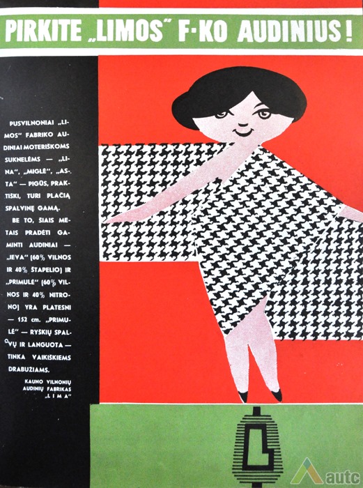 Vilnonių audinių fabriko „Lima“ reklama. Iš žurnalo: „Liaudies ūkis“, 1970, nr. 3.  