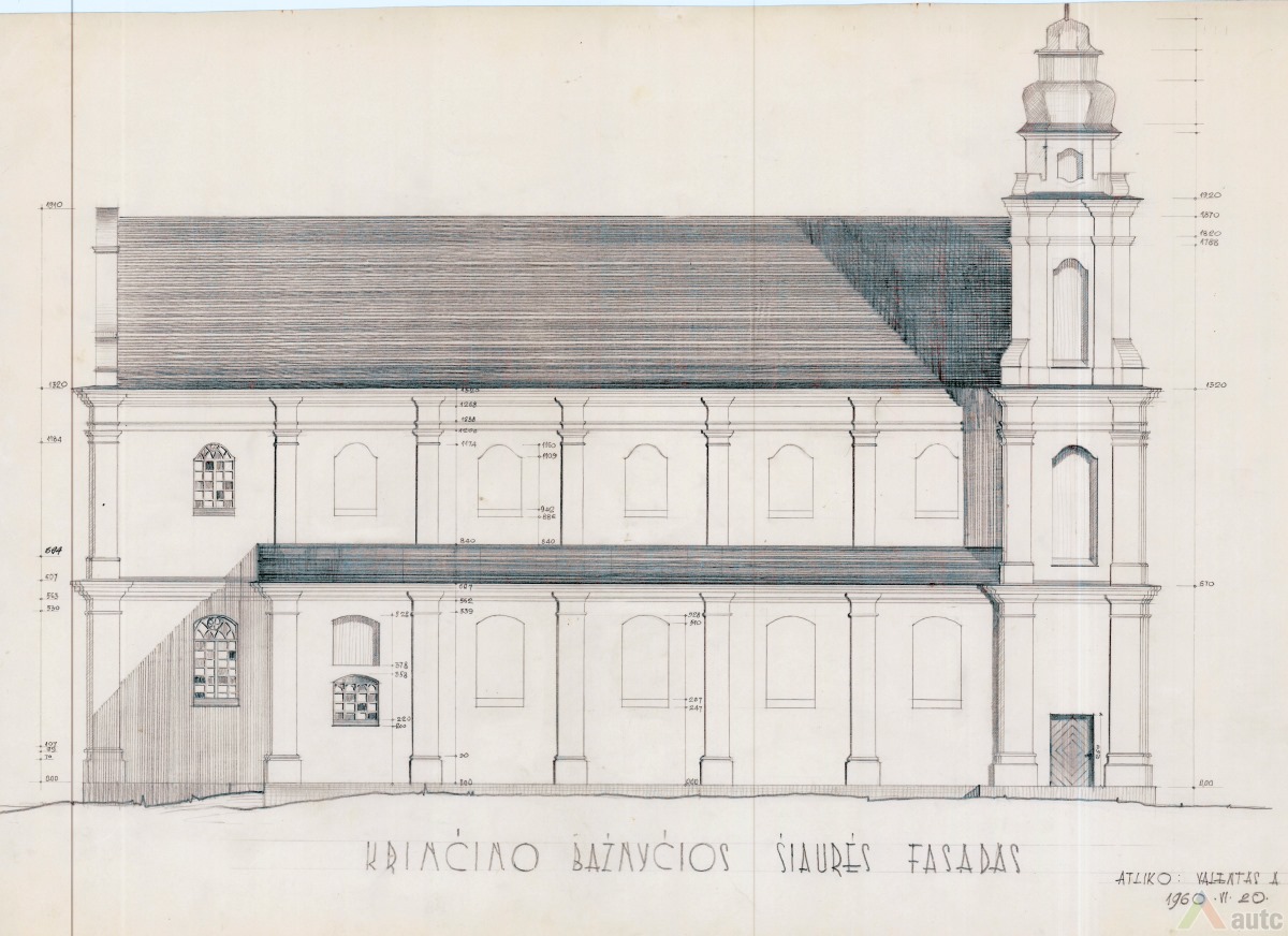 Krinčino bažnyčios šiaurinis fasadas. 1960 m. brėžinys iš AUTC archyvo.