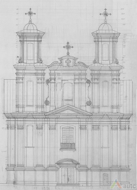 Priekinis bažnyčios fasadas. KTU ASI archyvo brėž., ALB-21