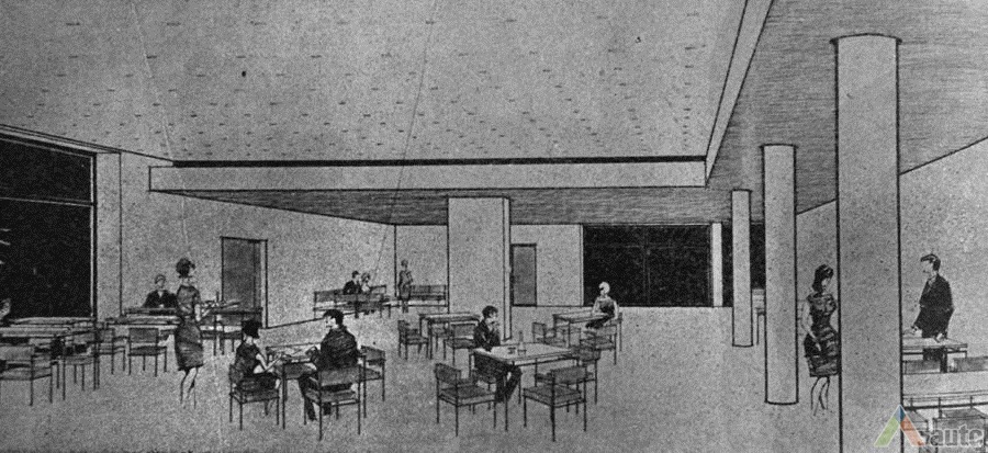 Viešbučio restorano salės perspektyva. Iš: „Statyba ir architektūra“, 1965, nr. 10, p. 13
