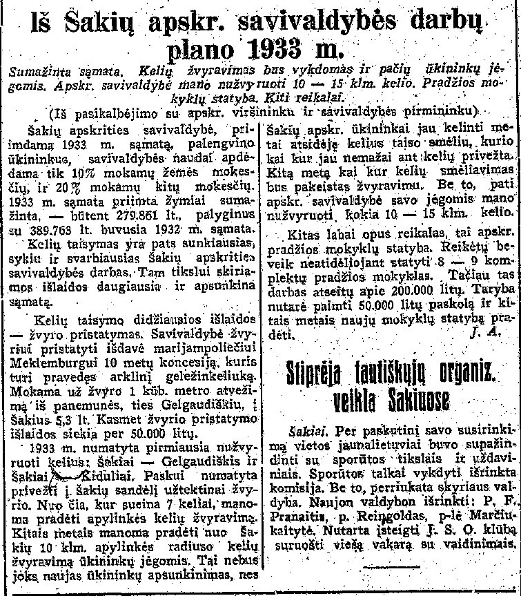 Iš Šakių apskr. savivaldybės darbų plano 1933 m.