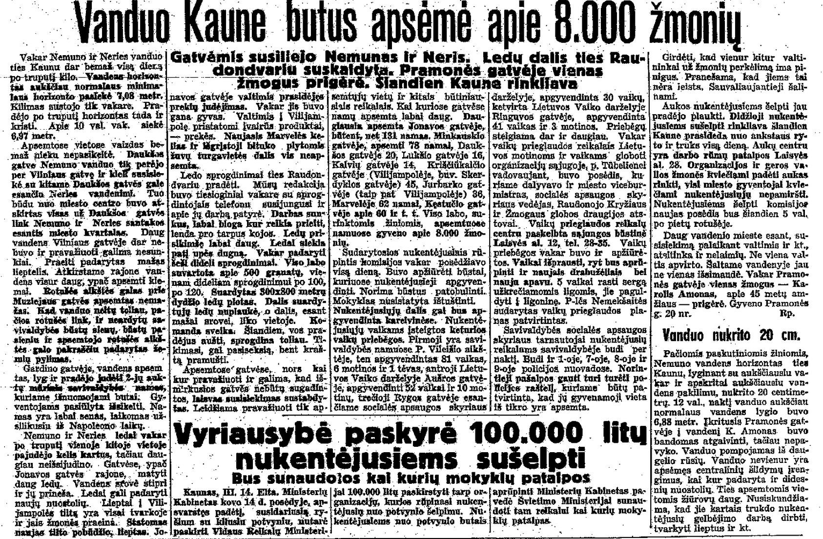 LA, 1936.03.15, p.1 - Vanduo Kaune butus apsėmė apie 8,000 žmonių
