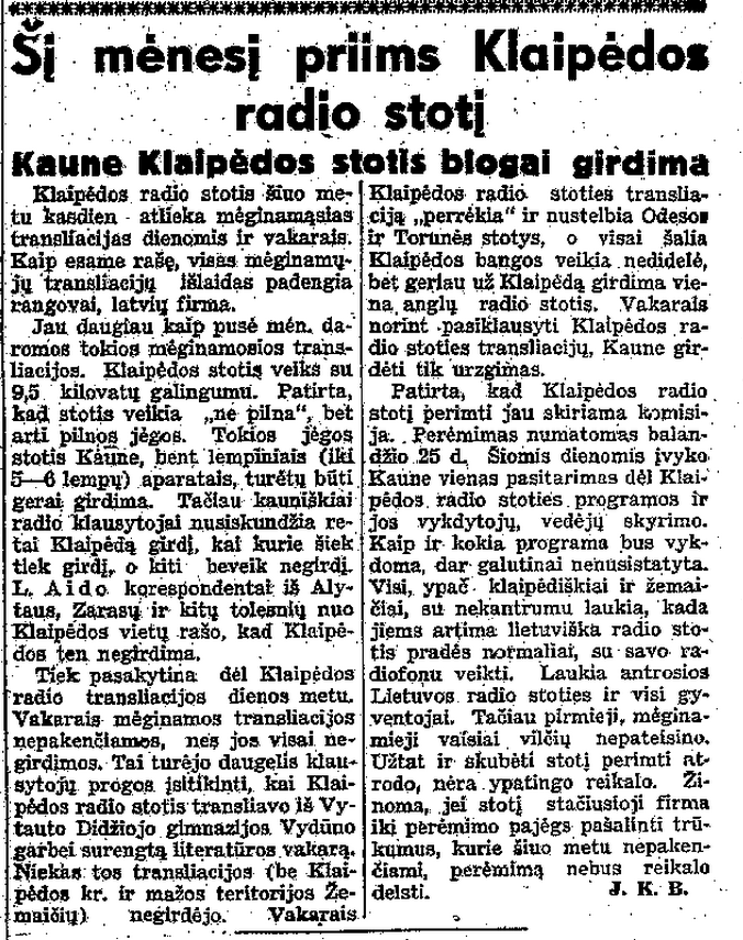 LA, 1936.04.02, p.3 - Šį mėnesį priims Klaipėdos radio stotį