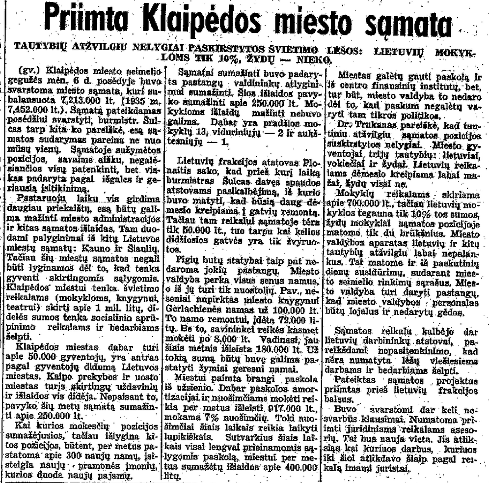 LA, 1936.05.06, p.8 - Priimta Klaipėdos miesto sąmata