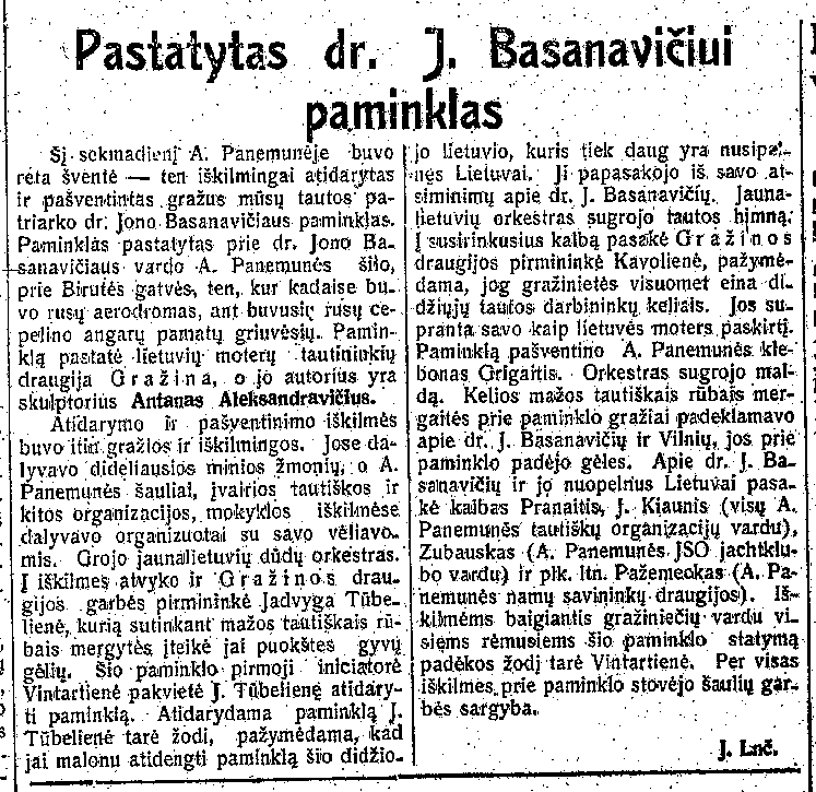 Pastatytas dr. J. Basanavičiui paminklas