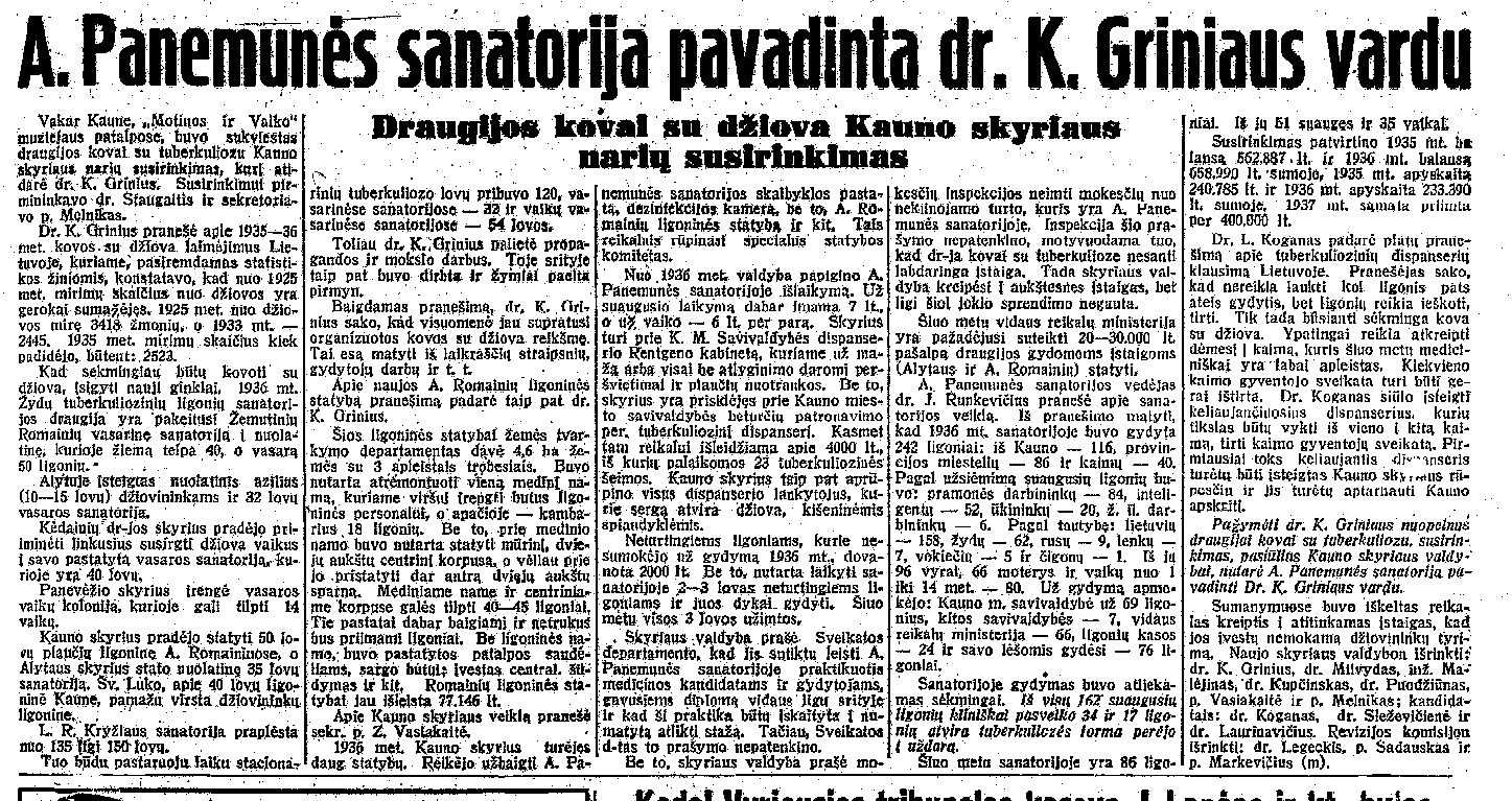 Panemunės sanatorija pavadinta dr. K. Griniaus vardu