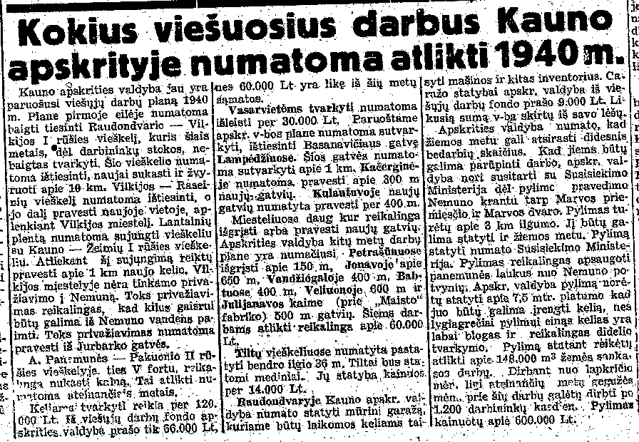 Kokius viešuosius darbus Kauno apskrityje numatoma atlikti 1940 m.