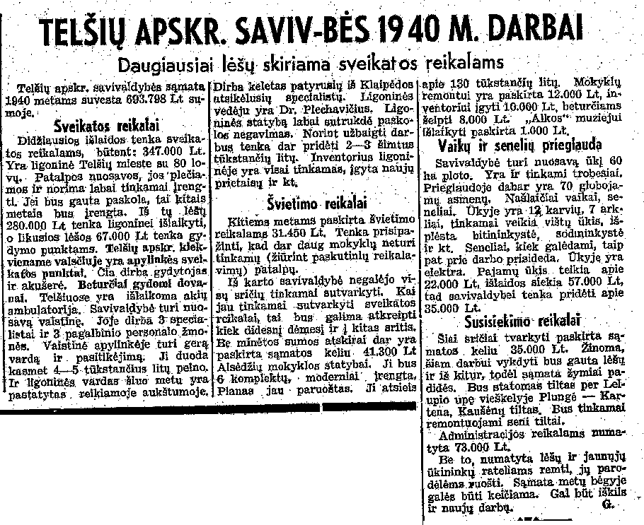 Telšių apskr. saviv-bės 1940 m. darbai