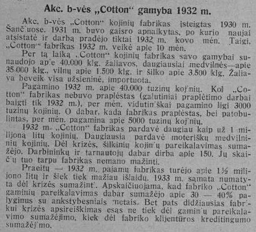 Akc. b-vės „Cotton" gamyba 1932 m.